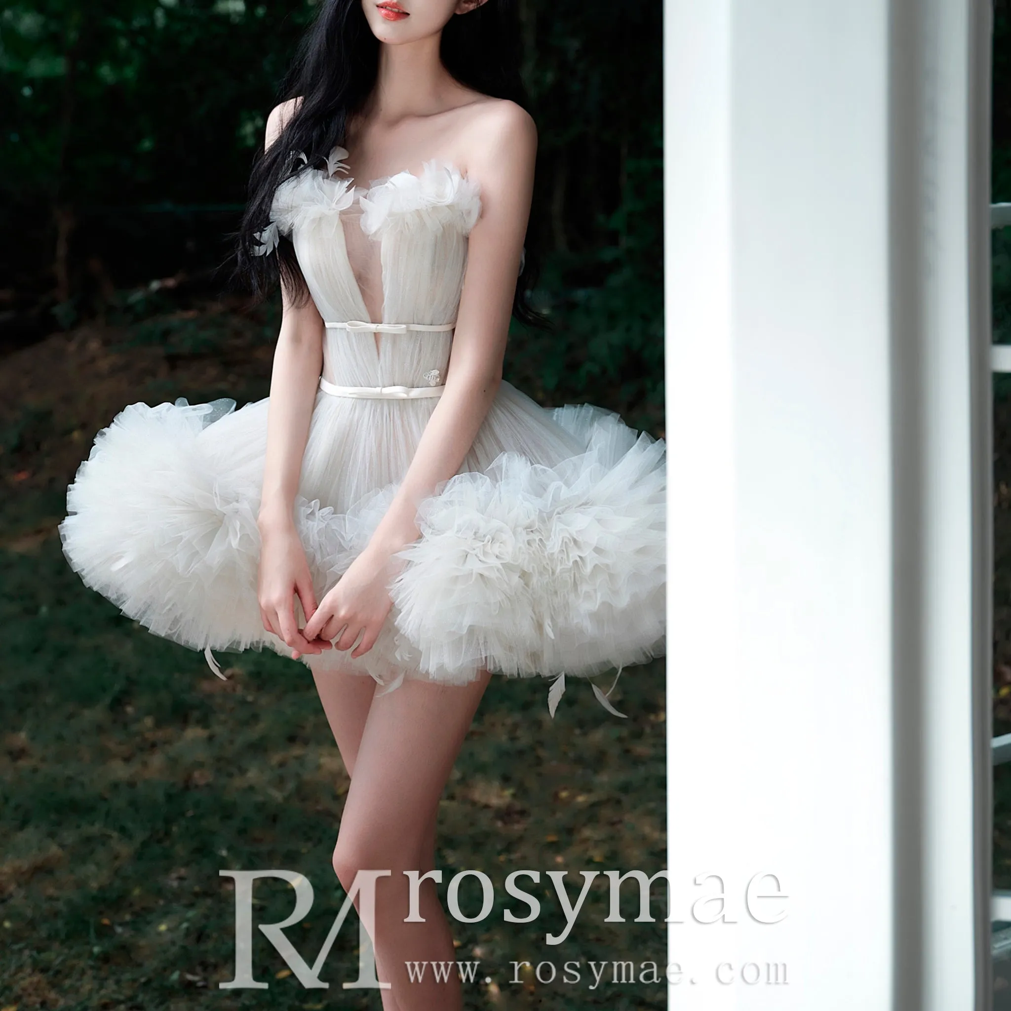 Convertible Strapless Multi-Level Tulle Wedding Dress with Feathers