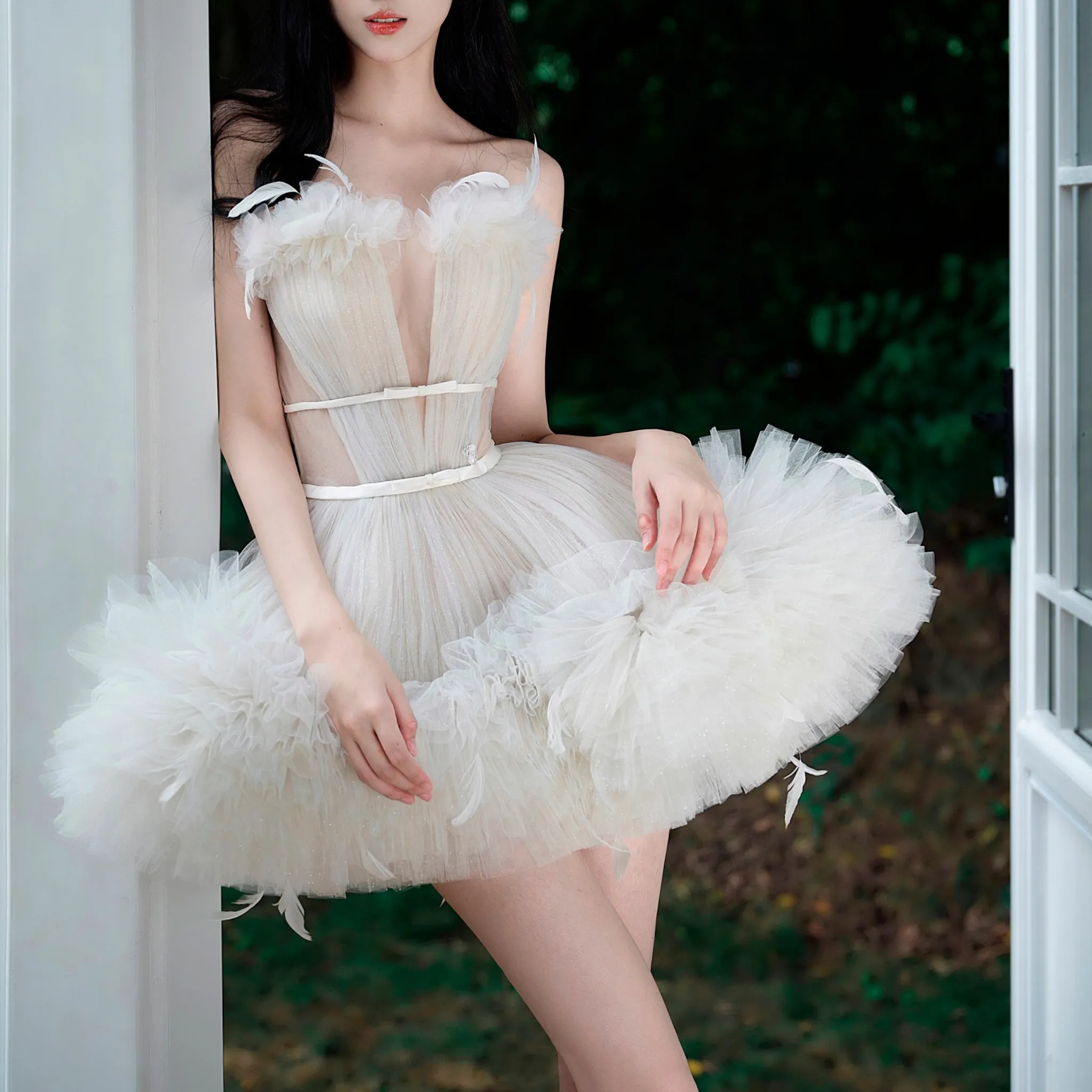 Convertible Strapless Multi-Level Tulle Wedding Dress with Feathers
