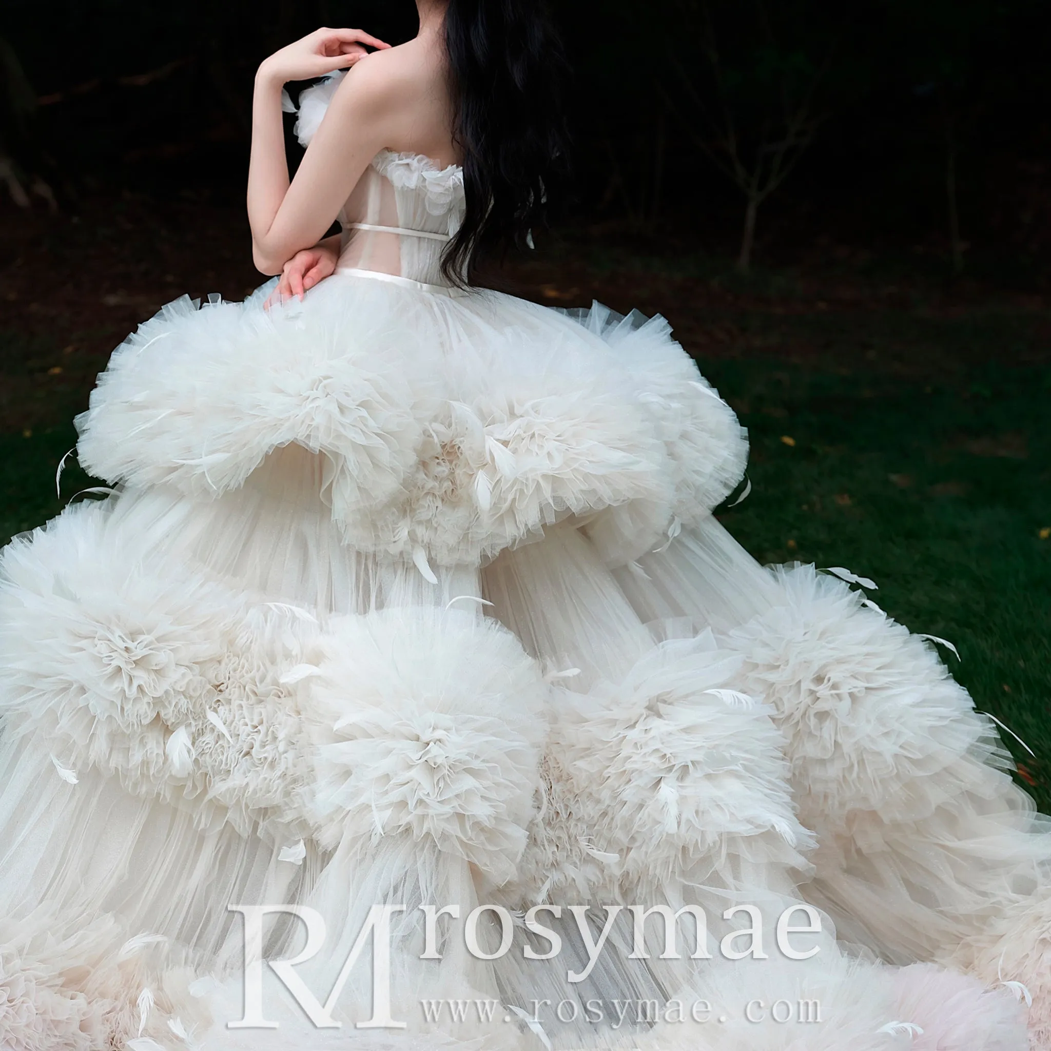 Convertible Strapless Multi-Level Tulle Wedding Dress with Feathers