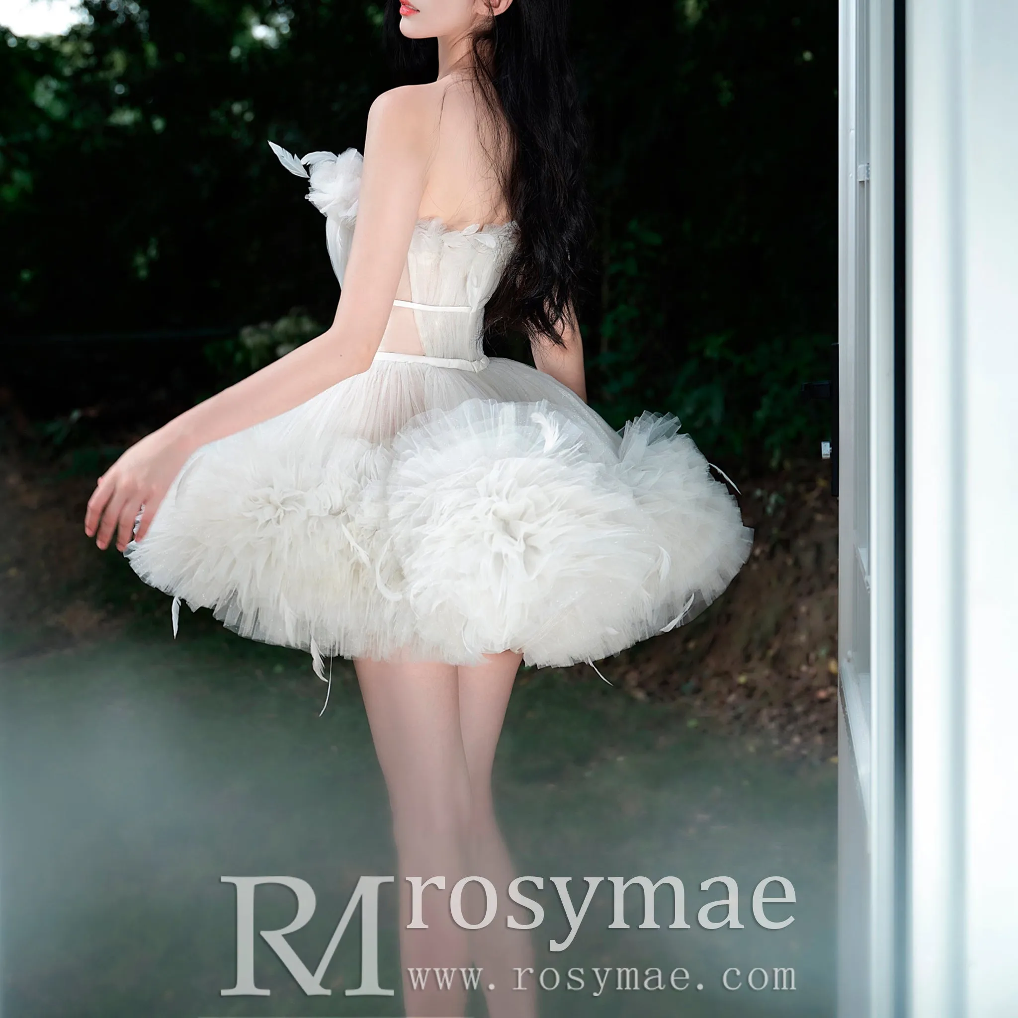 Convertible Strapless Multi-Level Tulle Wedding Dress with Feathers