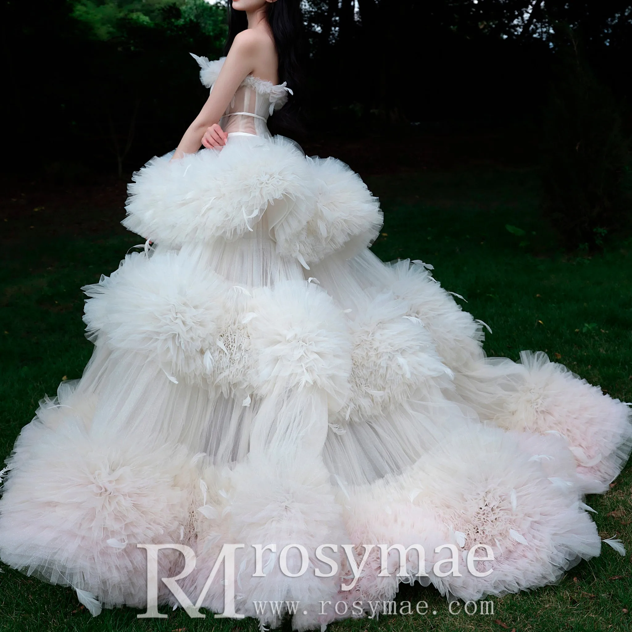 Convertible Strapless Multi-Level Tulle Wedding Dress with Feathers