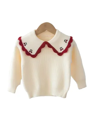 Cream/Red Girls Embroidered Collar Sweater