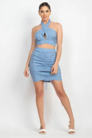 Cross Halter Top & Ruched Skirts Set