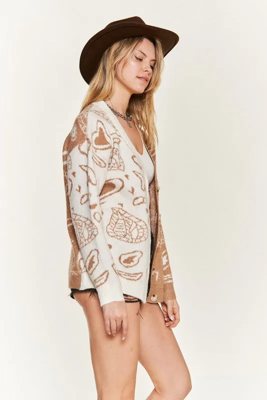 Dafni Heart Paisley Cardigan - Color Block, Oversized Fit, Taupe & Charcoal