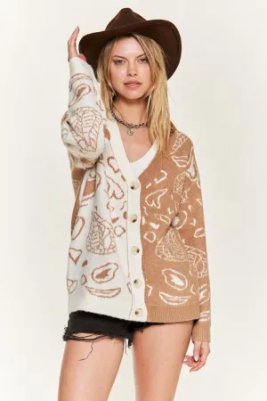 Dafni Heart Paisley Cardigan - Color Block, Oversized Fit, Taupe & Charcoal