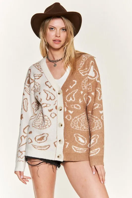 Dafni Heart Paisley Cardigan - Plus SIze, Color Block, Oversized Fit, Drop Shoulder