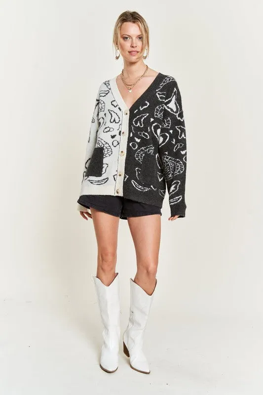 Dafni Heart Paisley Cardigan - Plus SIze, Color Block, Oversized Fit, Drop Shoulder