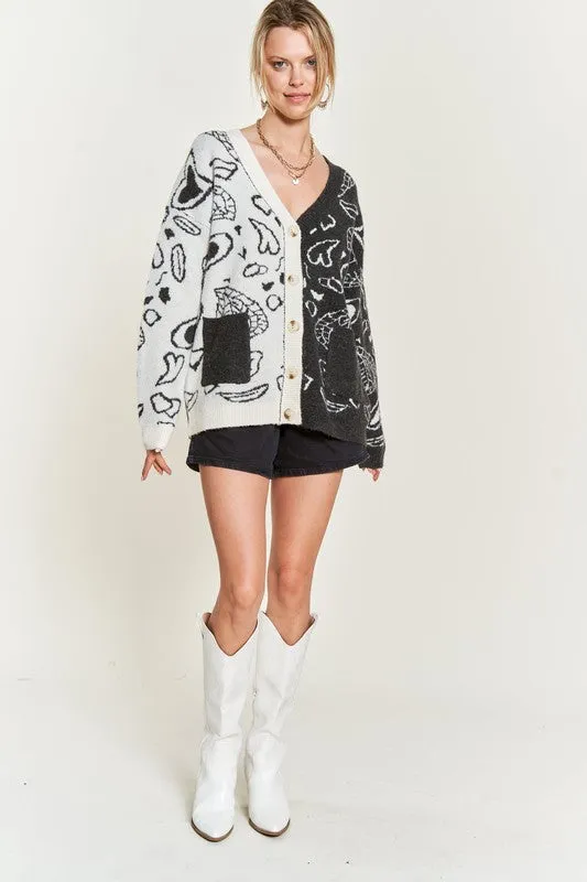 Dafni Heart Paisley Cardigan - Plus SIze, Color Block, Oversized Fit, Drop Shoulder