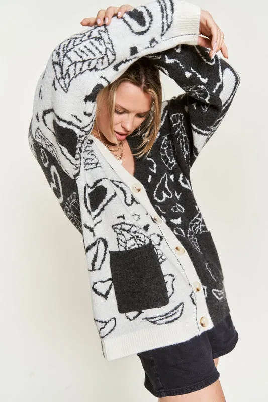 Dafni Heart Paisley Cardigan - Plus SIze, Color Block, Oversized Fit, Drop Shoulder