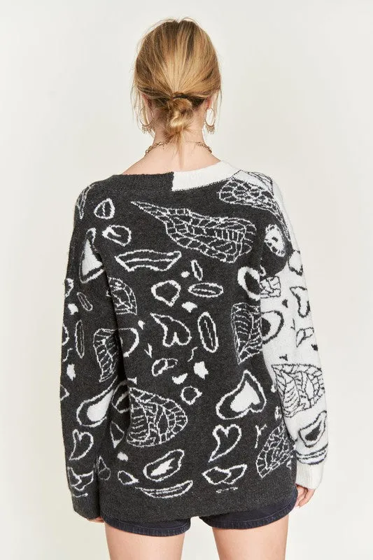 Dafni Heart Paisley Cardigan - Plus SIze, Color Block, Oversized Fit, Drop Shoulder