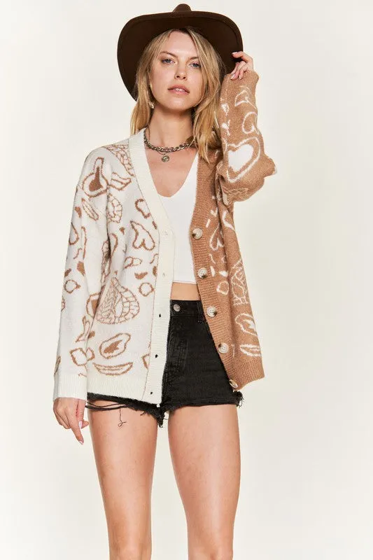Dafni Heart Paisley Cardigan - Plus SIze, Color Block, Oversized Fit, Drop Shoulder