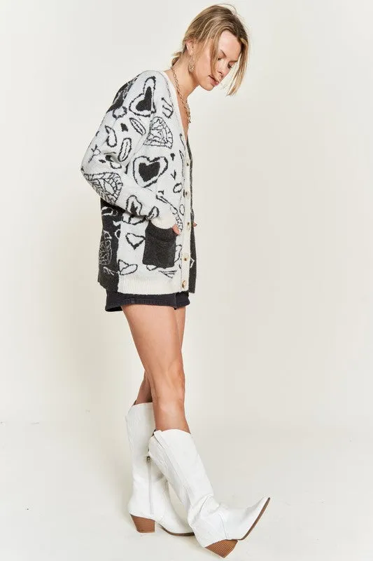 Dafni Heart Paisley Cardigan - Plus SIze, Color Block, Oversized Fit, Drop Shoulder