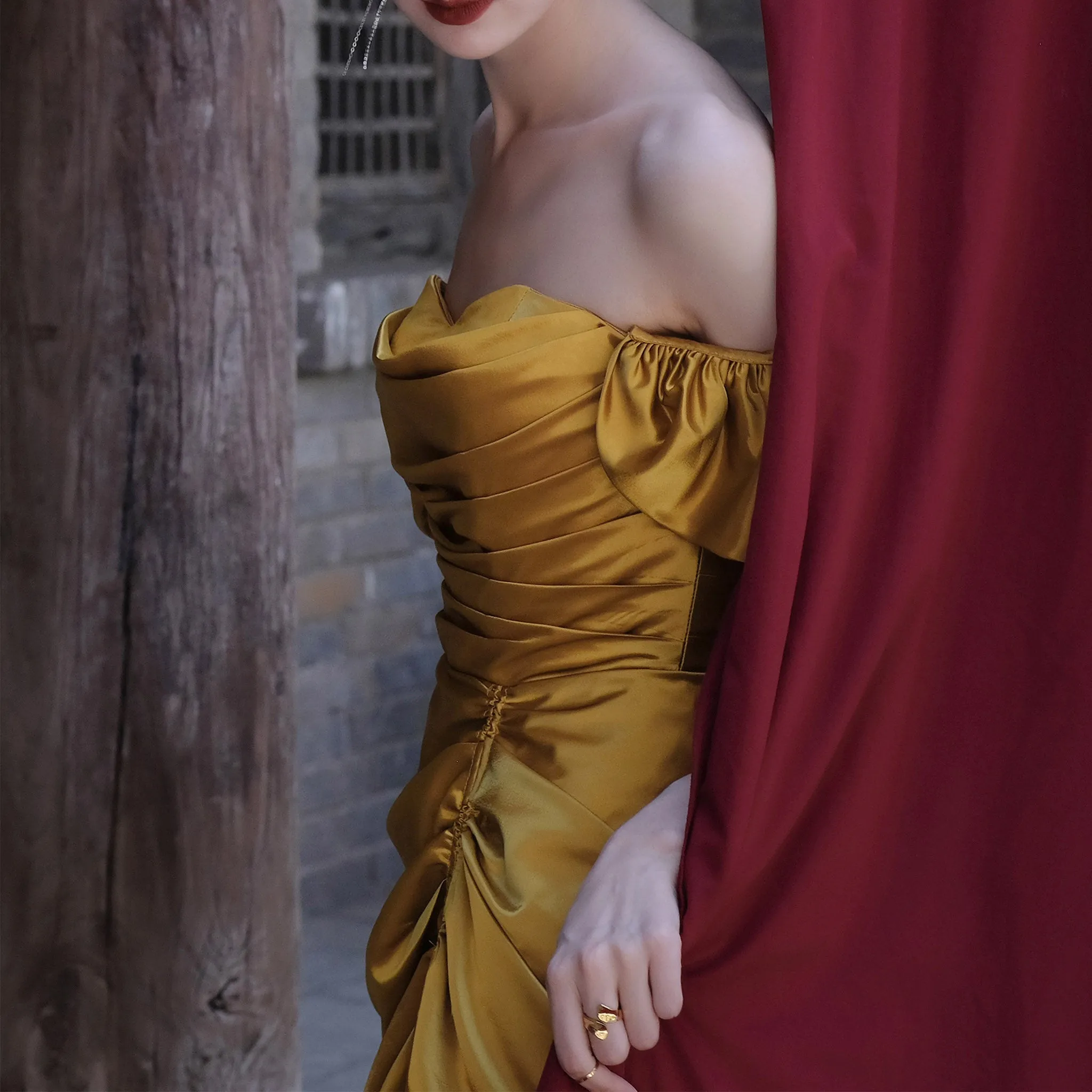 Detachable Off Shoulder Formal Gown Party Dress with Leg Slit