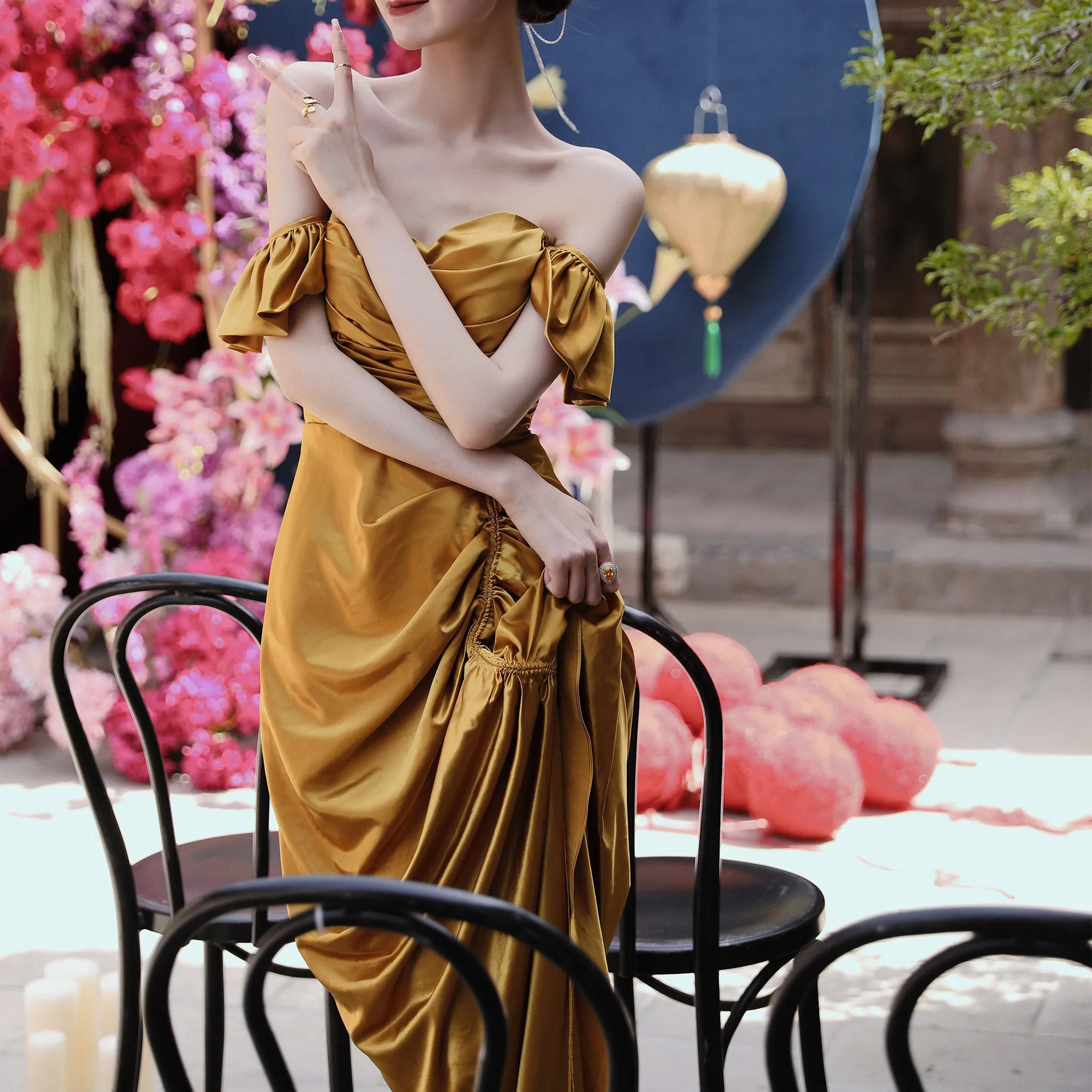 Detachable Off Shoulder Formal Gown Party Dress with Leg Slit