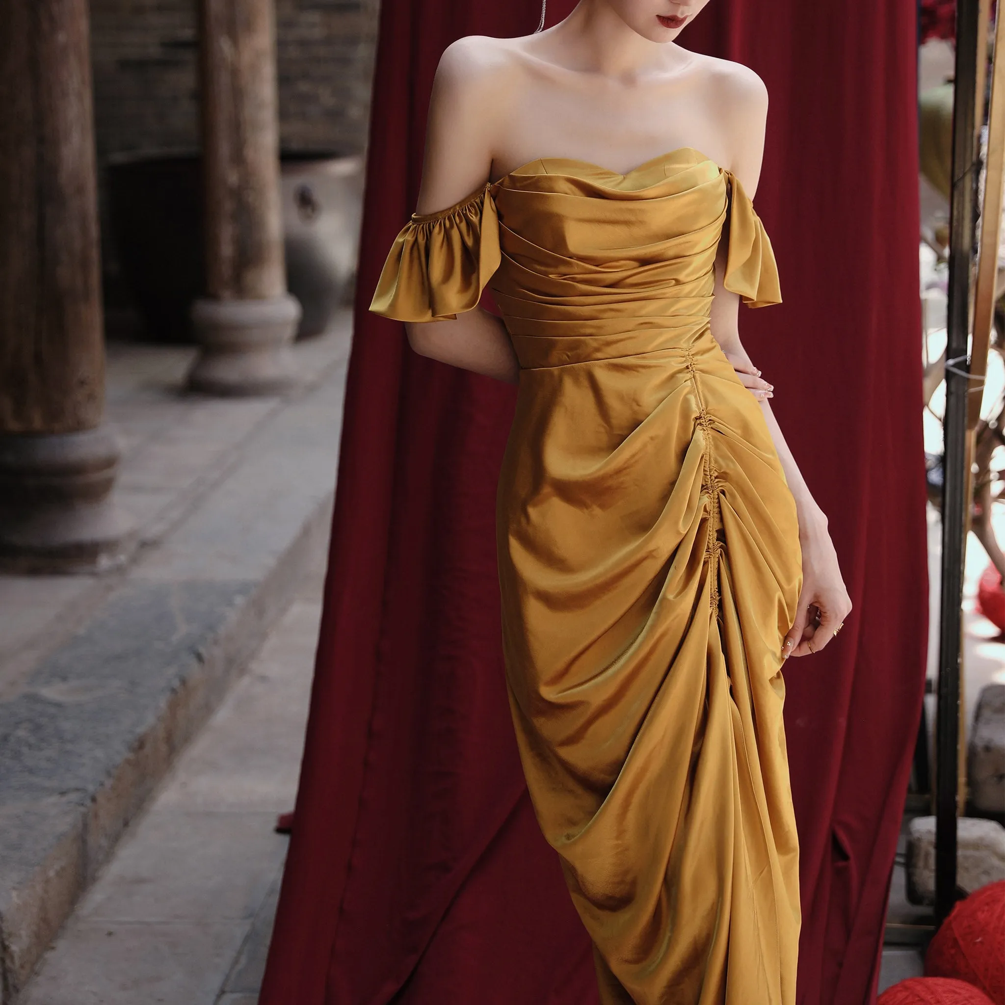 Detachable Off Shoulder Formal Gown Party Dress with Leg Slit