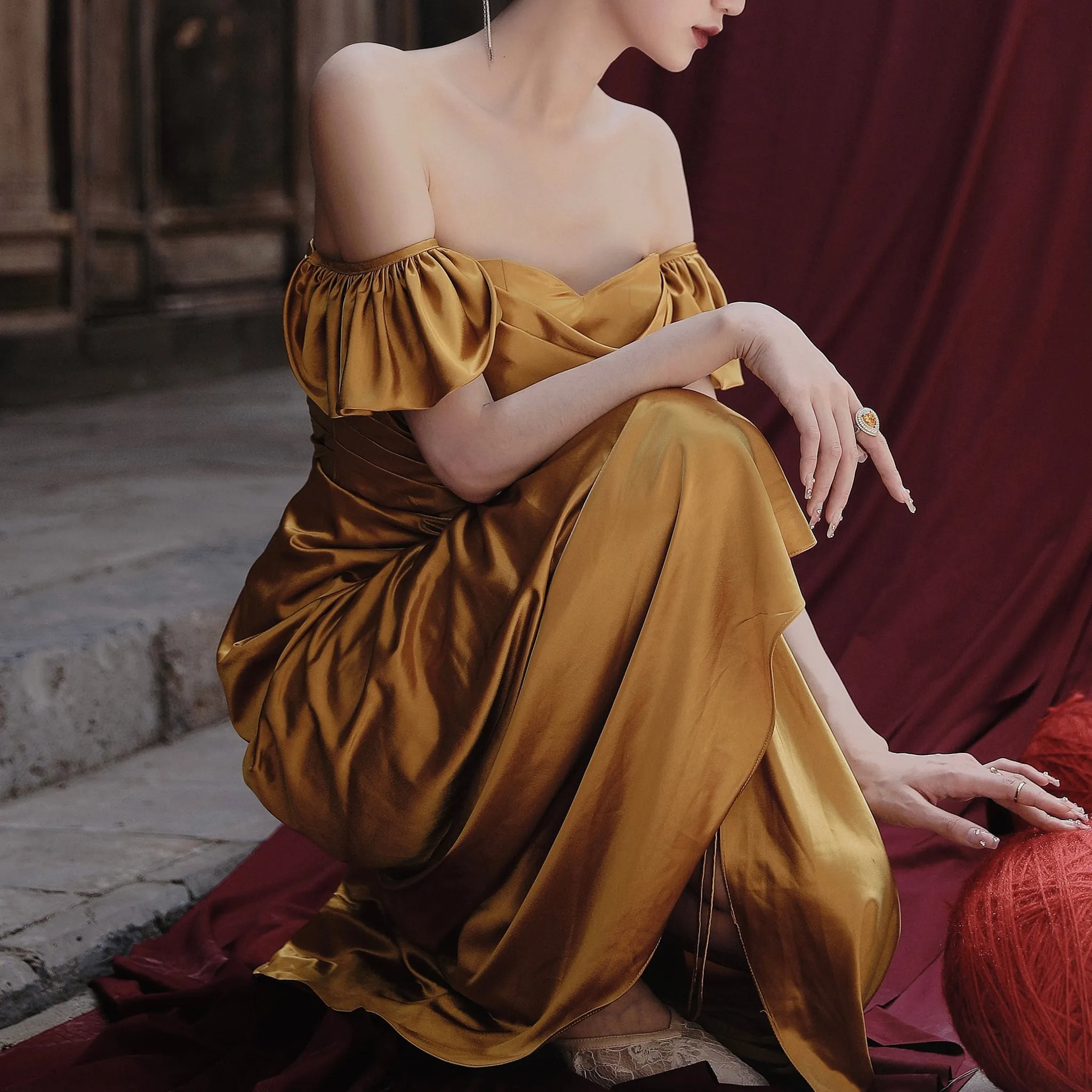 Detachable Off Shoulder Formal Gown Party Dress with Leg Slit