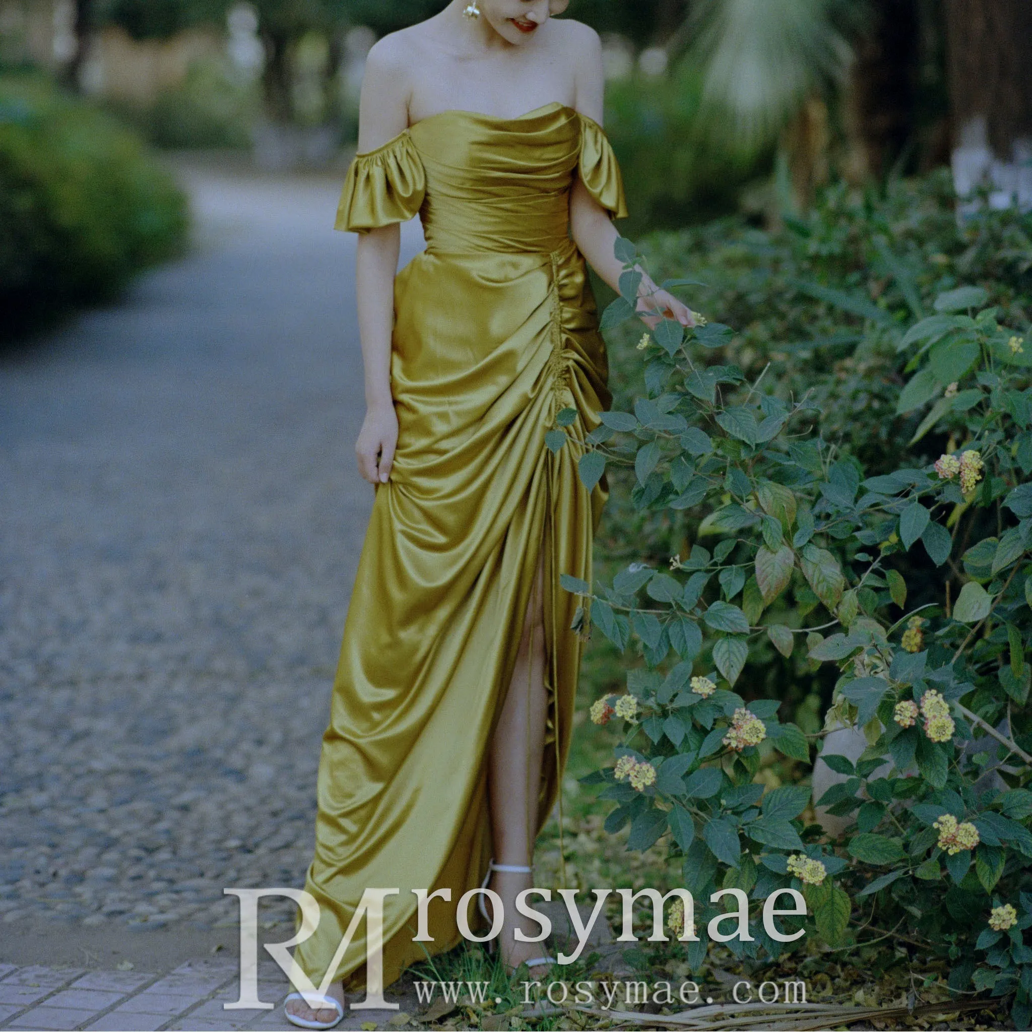 Detachable Off Shoulder Formal Gown Party Dress with Leg Slit