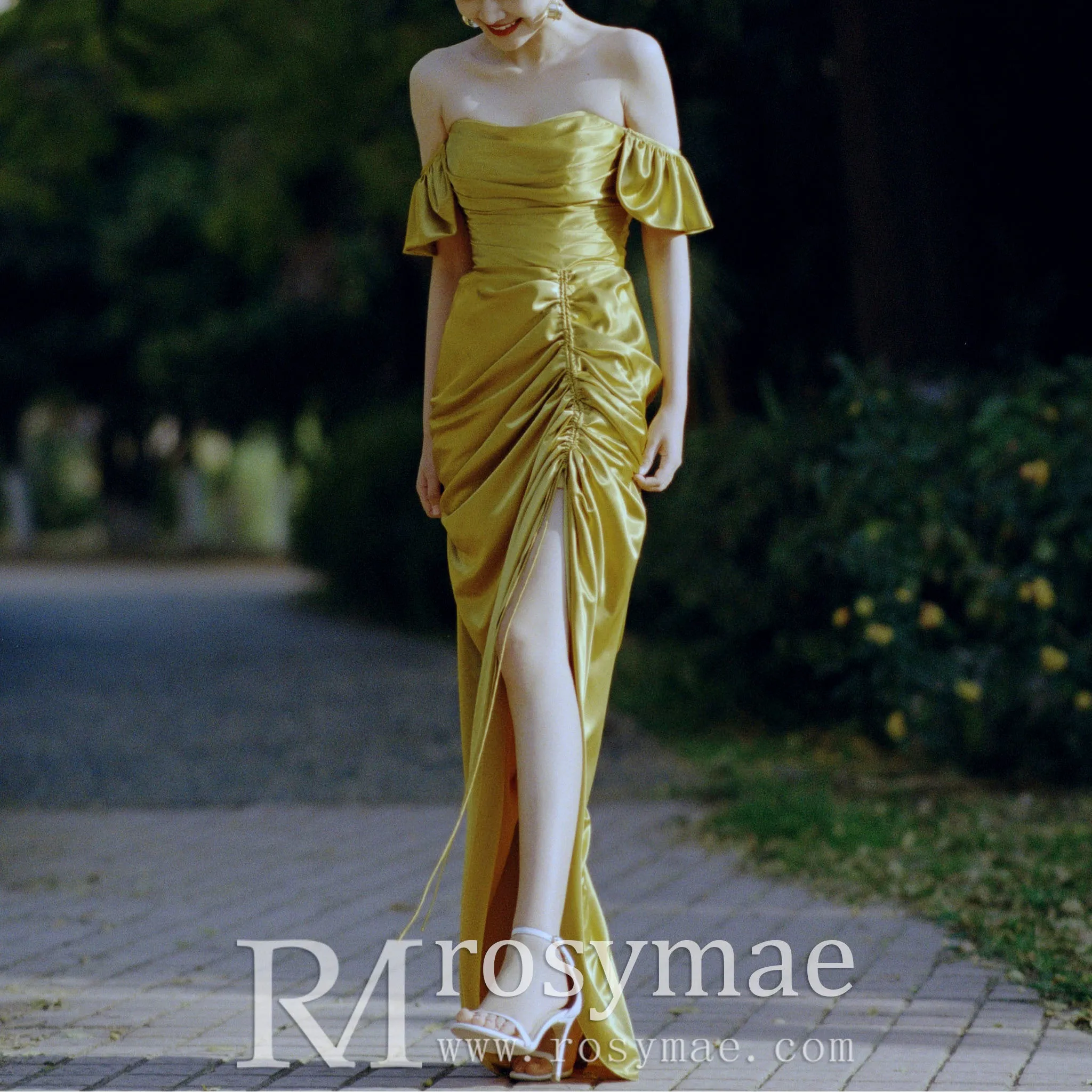 Detachable Off Shoulder Formal Gown Party Dress with Leg Slit