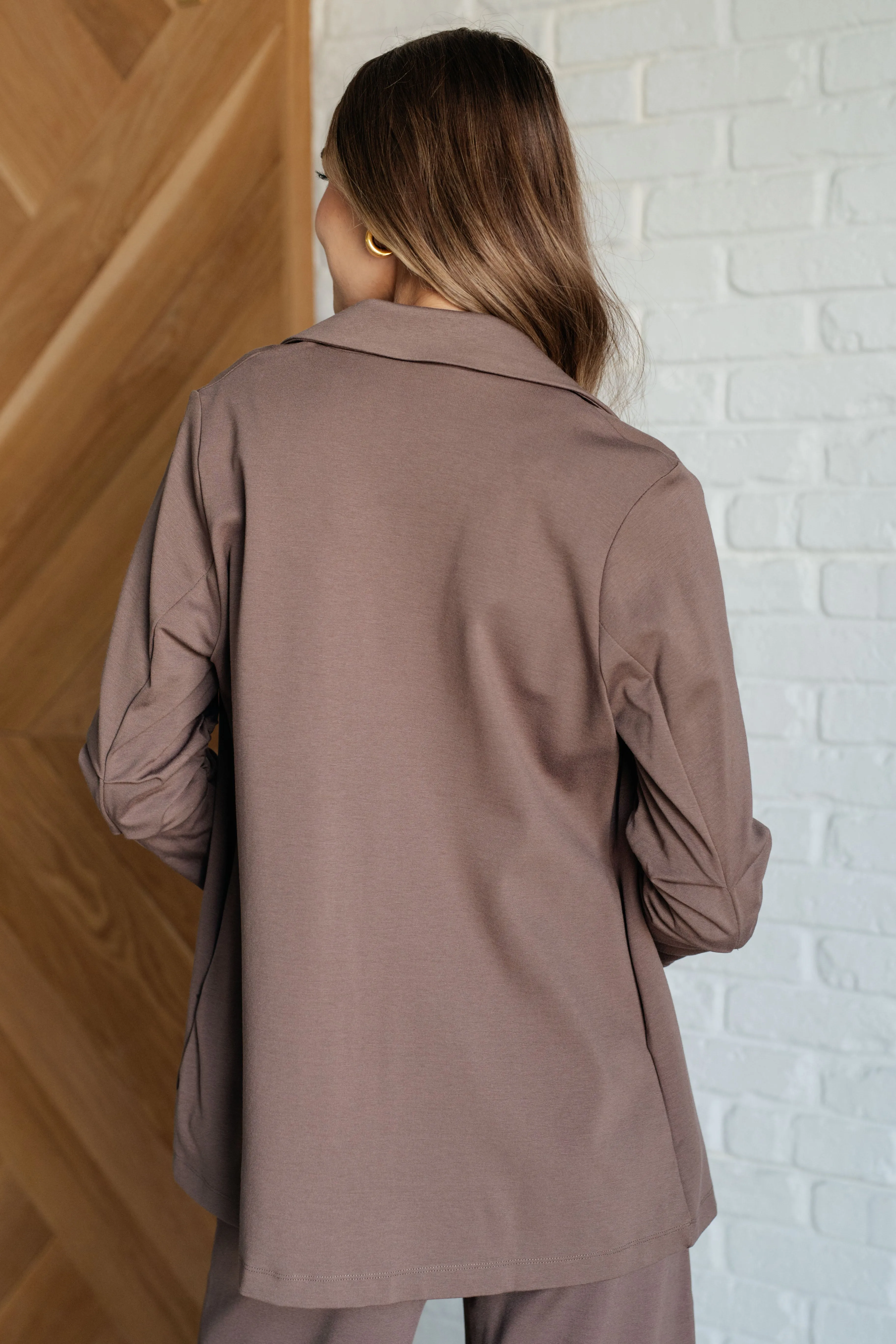 Devi Magic Blazer in Dark Mocha- Ruched Sleeves, Slim Fit, Ponte Knit