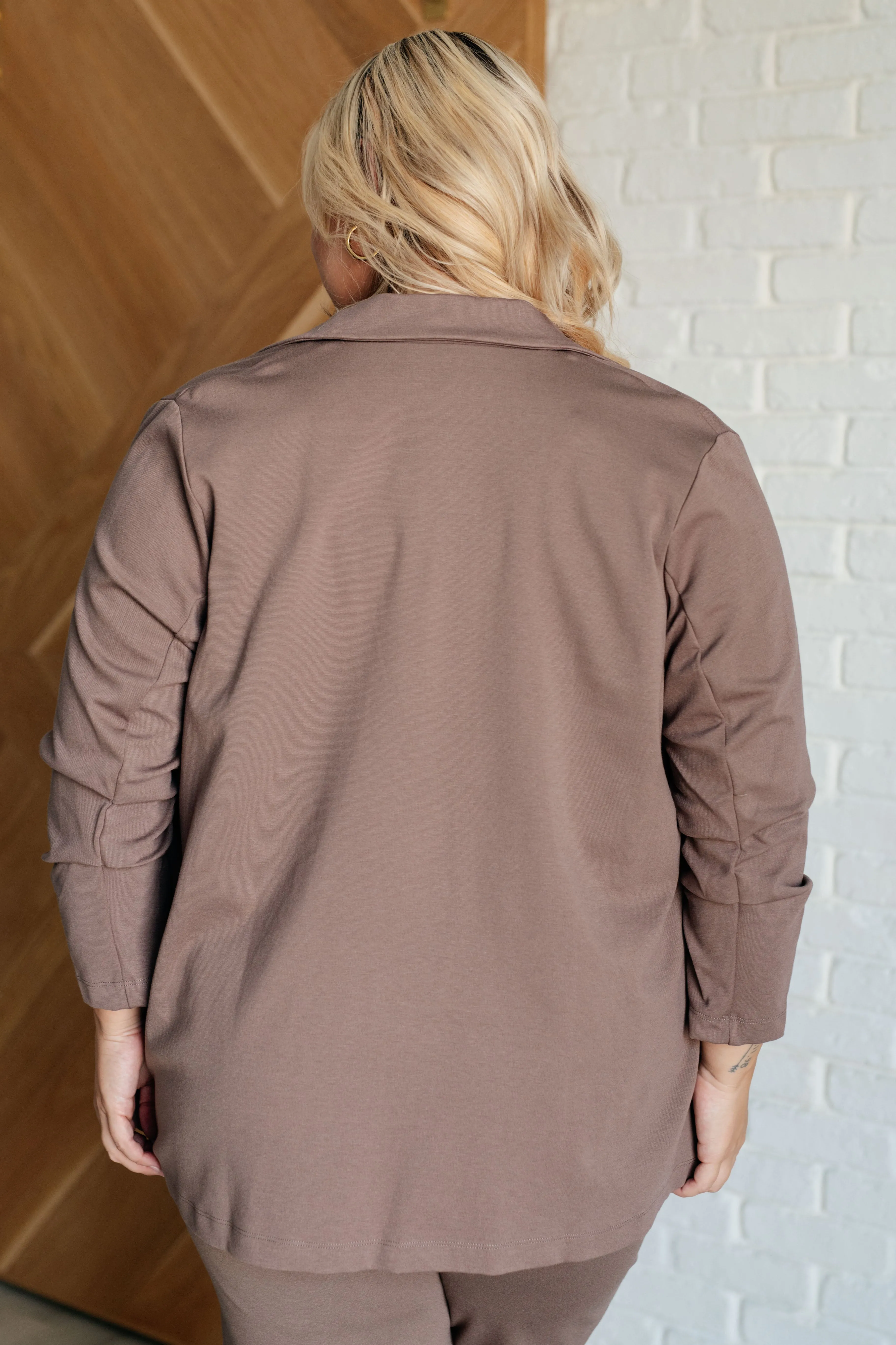 Devi Magic Blazer in Dark Mocha- Ruched Sleeves, Slim Fit, Ponte Knit