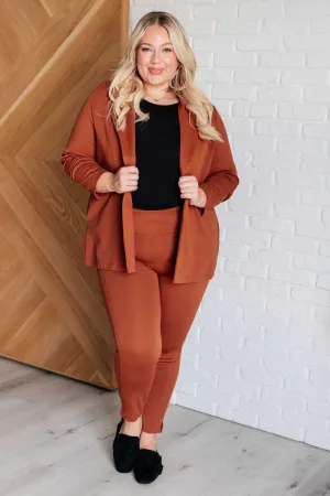 Devi Magic Blazer in Rust- Ruched Sleeves, Slim Fit, Ponte Knit