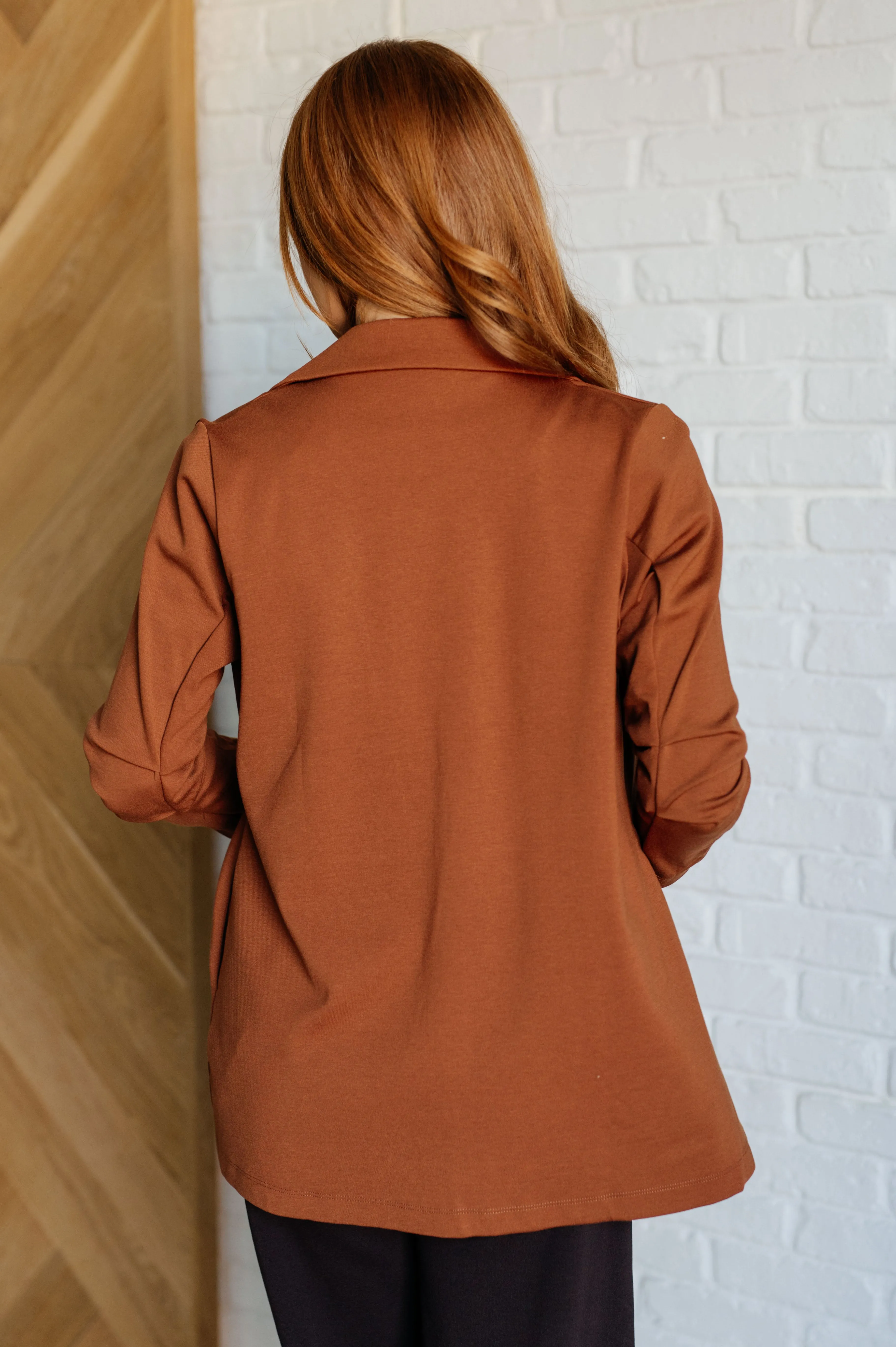 Devi Magic Blazer in Rust- Ruched Sleeves, Slim Fit, Ponte Knit