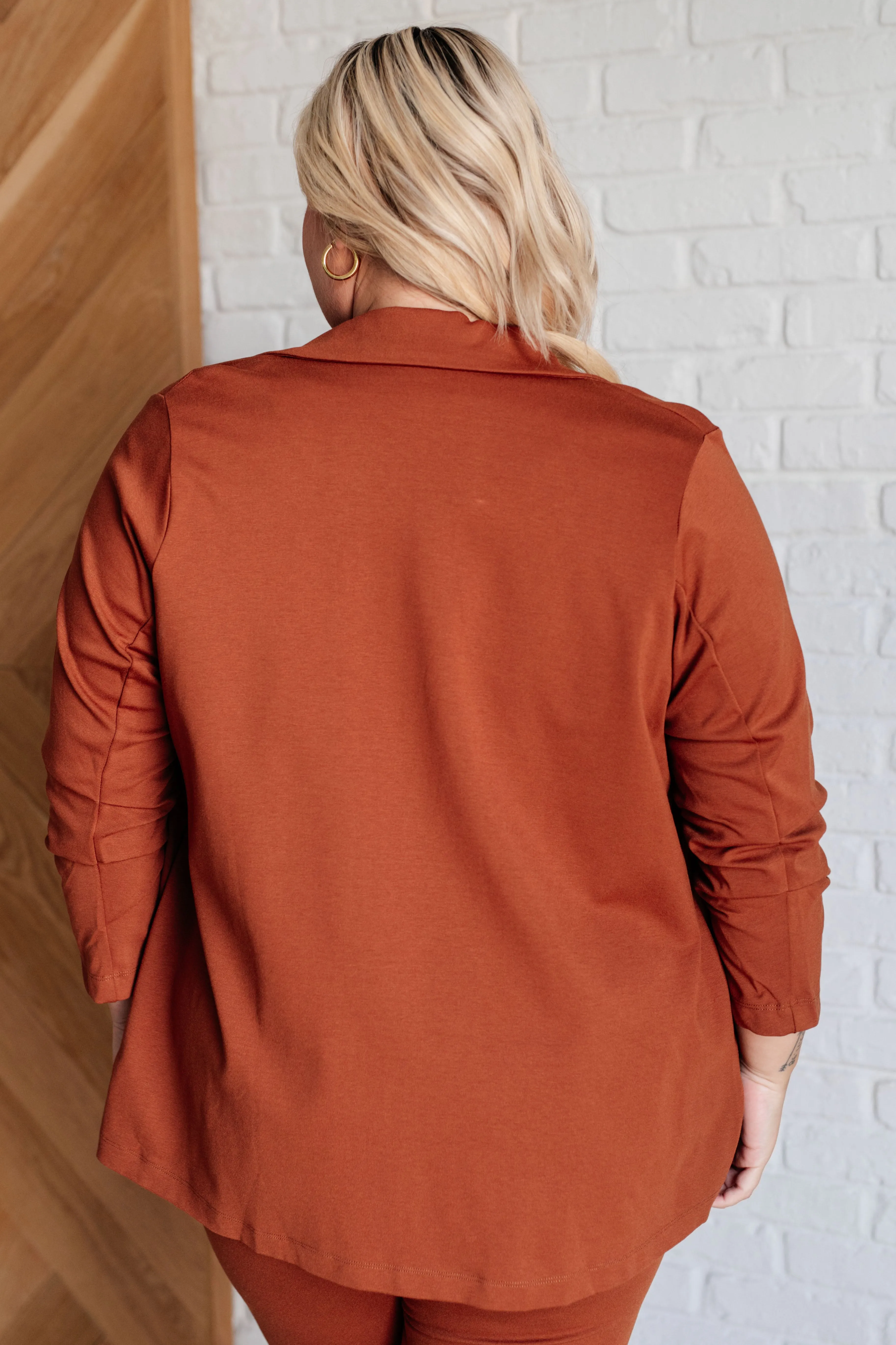 Devi Magic Blazer in Rust- Ruched Sleeves, Slim Fit, Ponte Knit