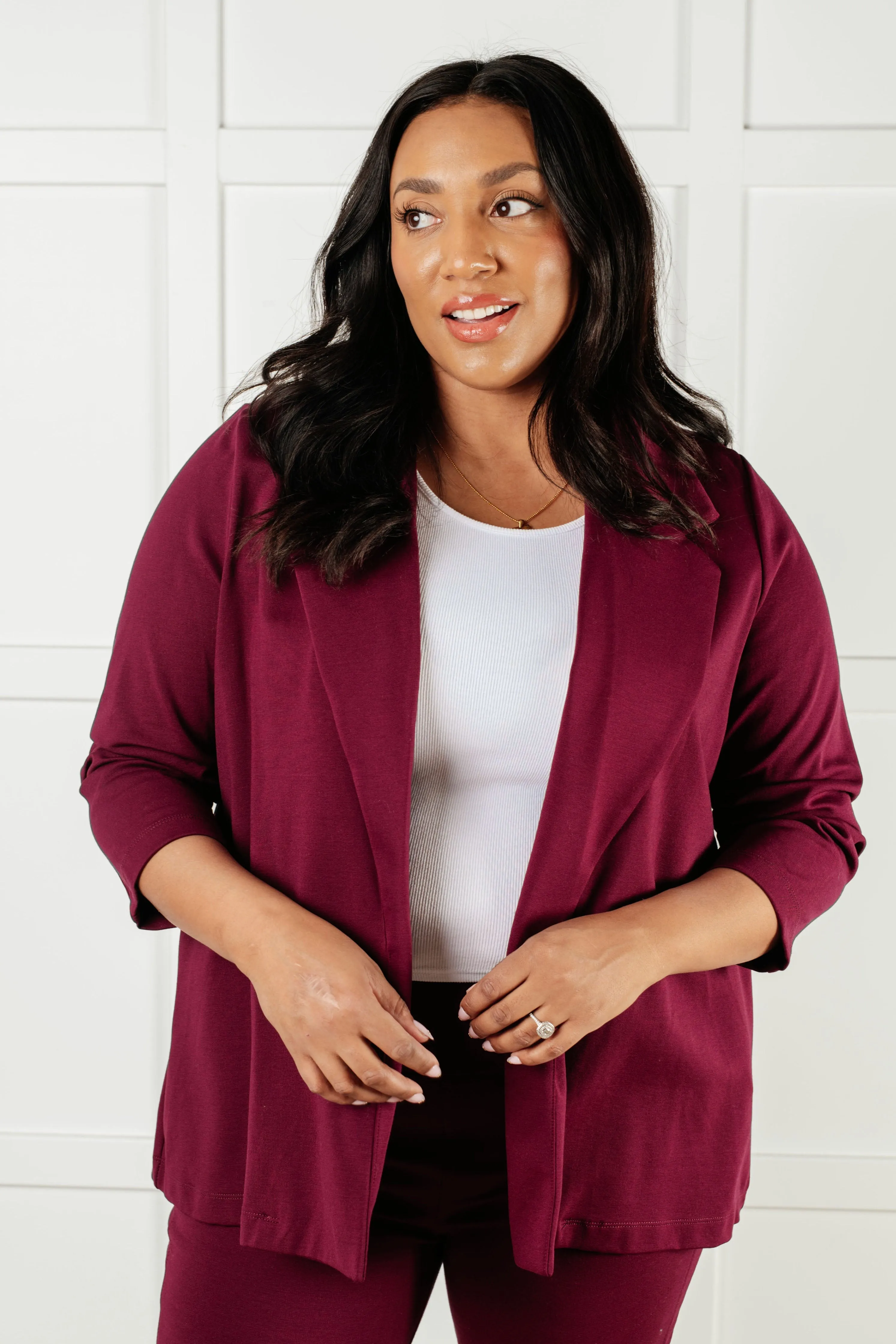 Devi Magic Blazer in Wine- Ruched Sleeves, Slim Fit, Ponte Knit, Side Pockets