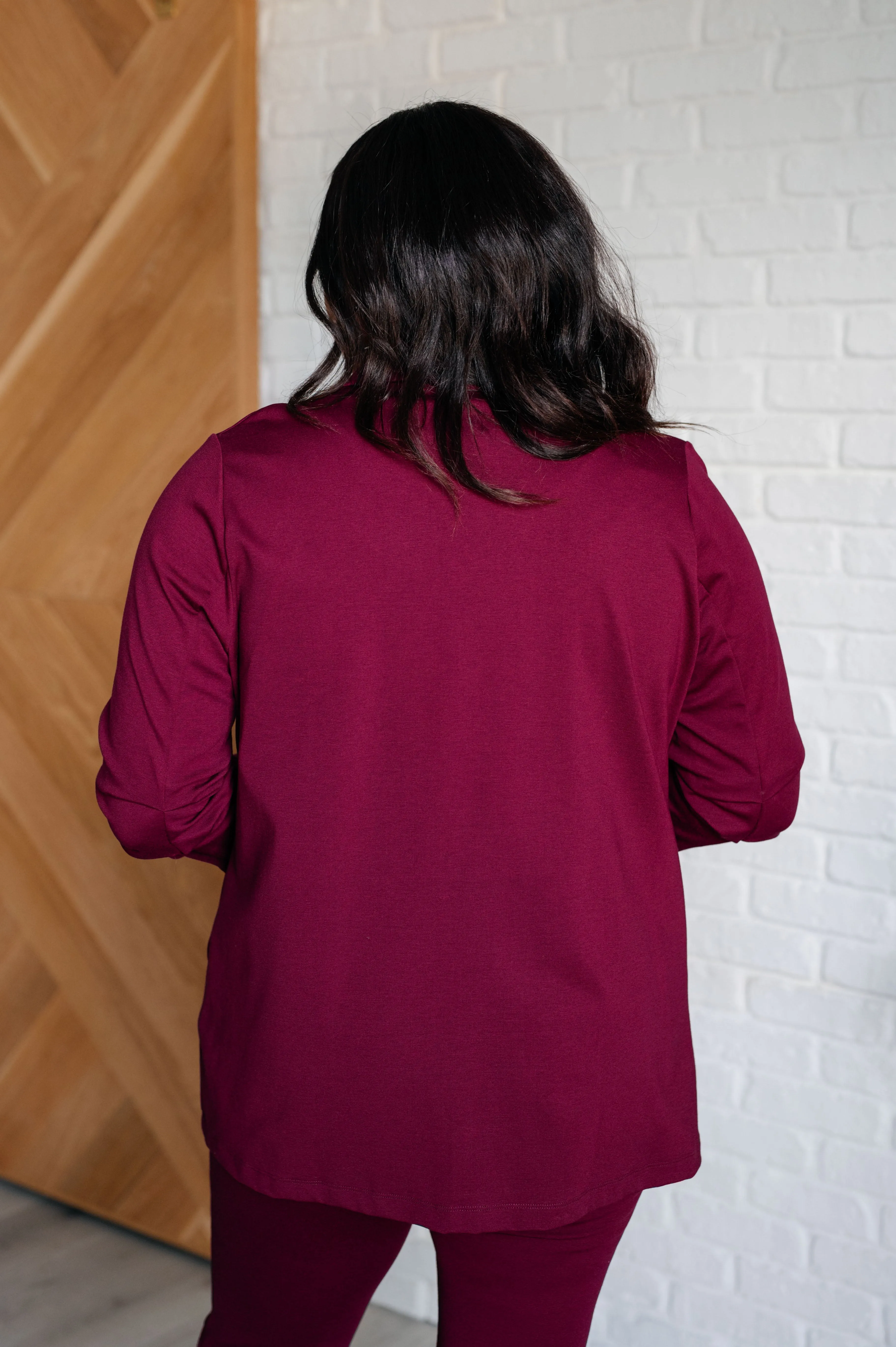 Devi Magic Blazer in Wine- Ruched Sleeves, Slim Fit, Ponte Knit, Side Pockets