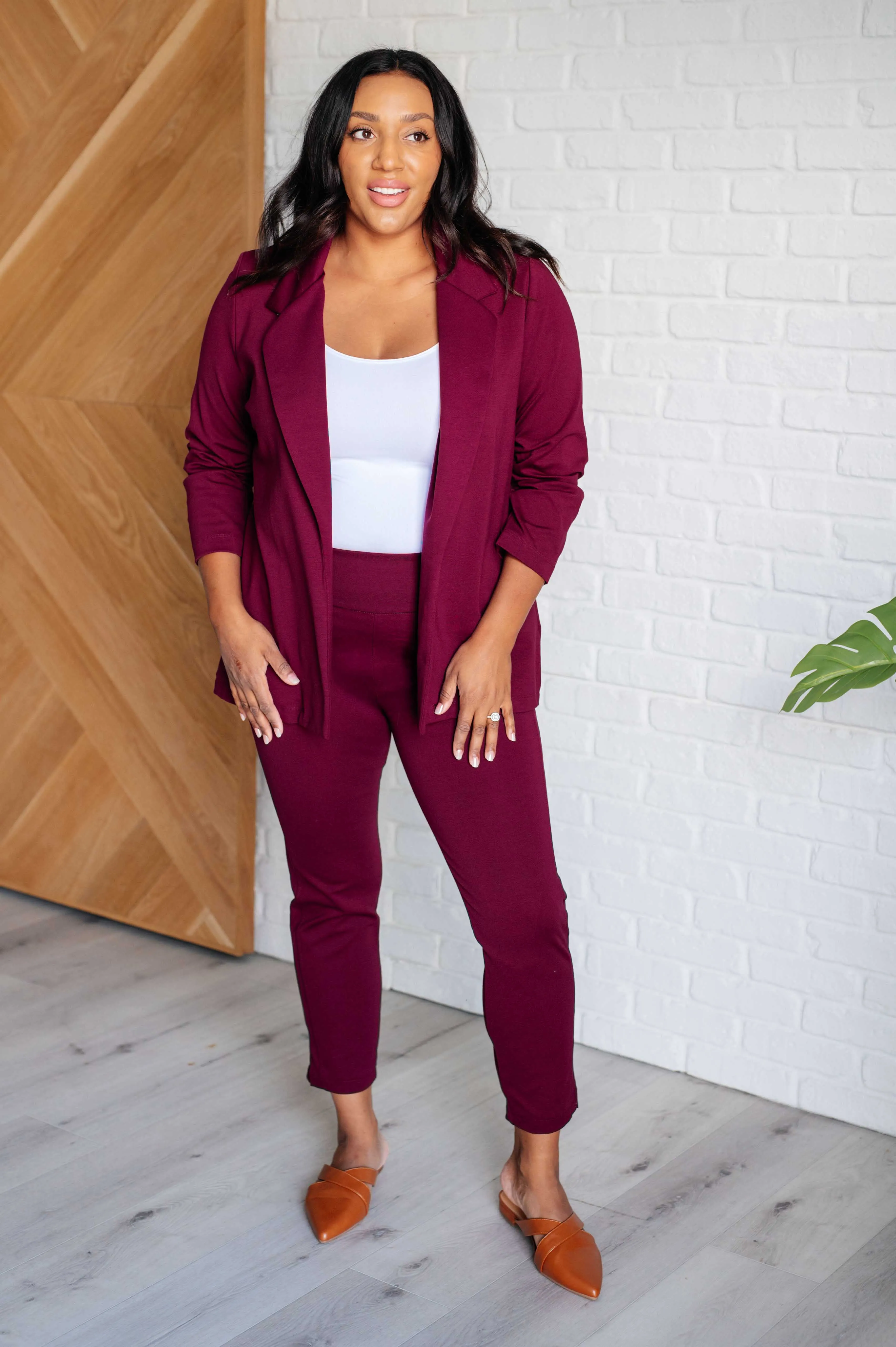 Devi Magic Blazer in Wine- Ruched Sleeves, Slim Fit, Ponte Knit, Side Pockets