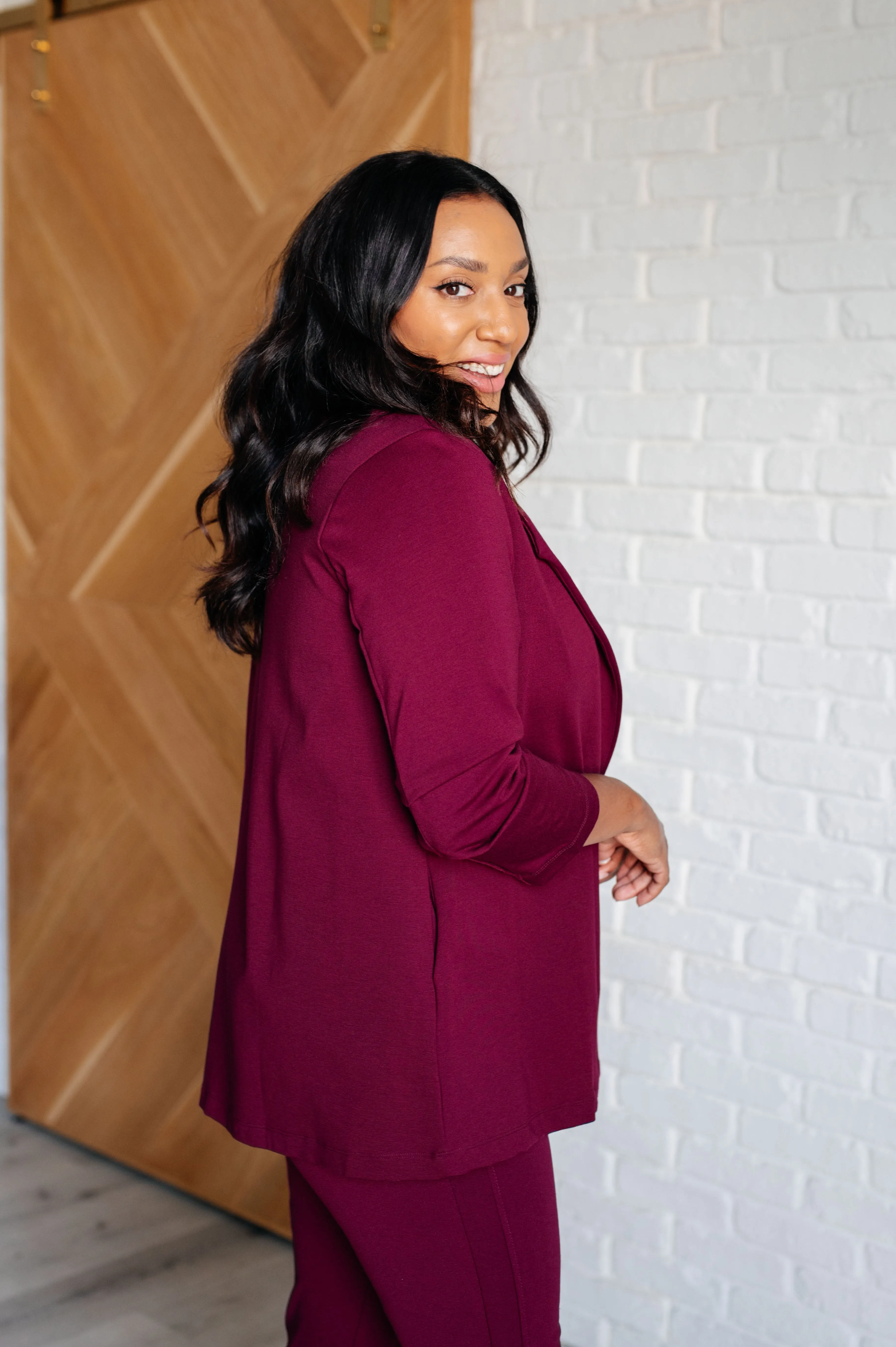 Devi Magic Blazer in Wine- Ruched Sleeves, Slim Fit, Ponte Knit, Side Pockets
