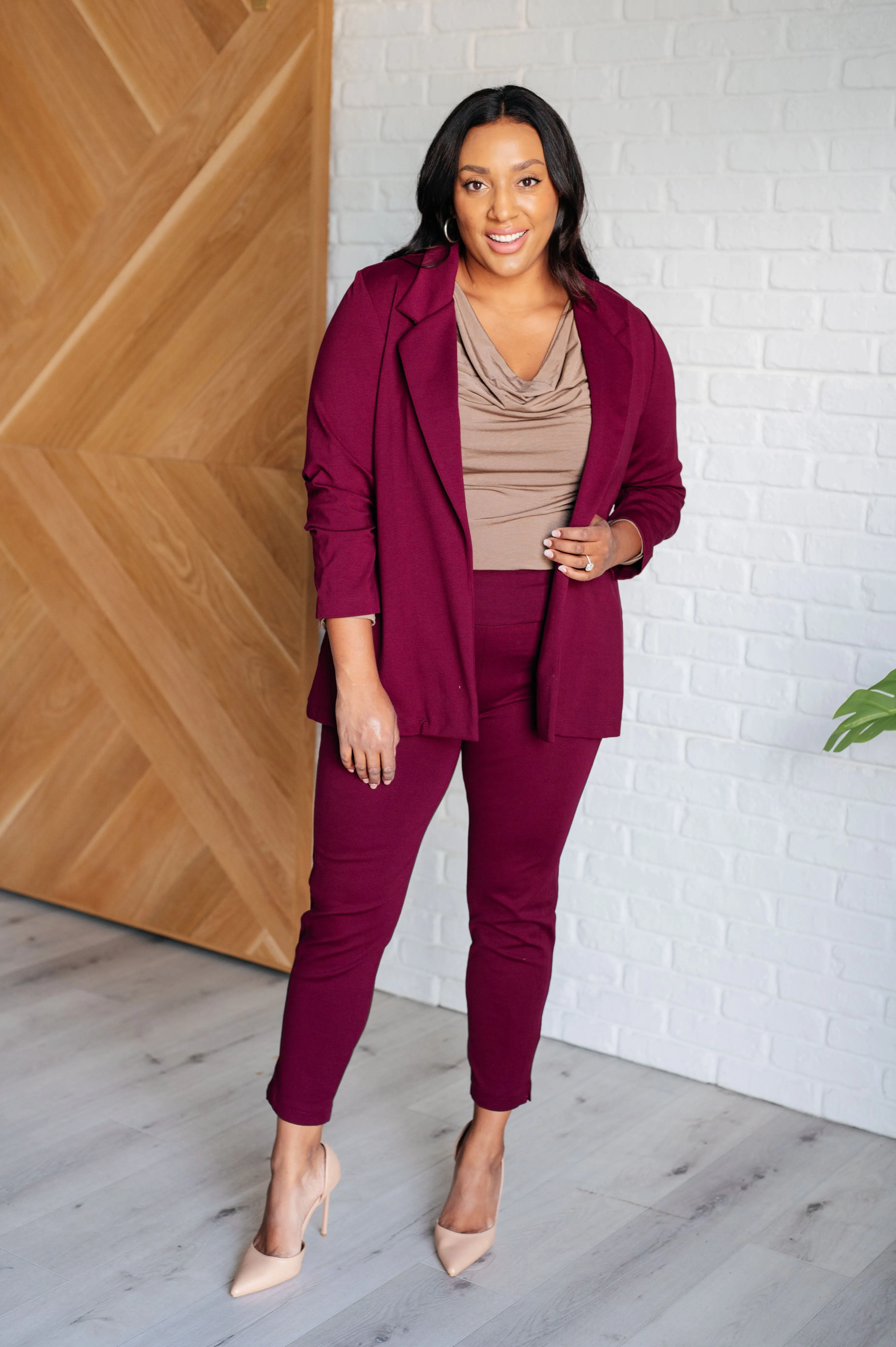 Devi Magic Blazer in Wine- Ruched Sleeves, Slim Fit, Ponte Knit, Side Pockets
