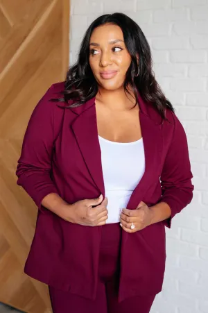 Devi Magic Blazer in Wine- Ruched Sleeves, Slim Fit, Ponte Knit, Side Pockets