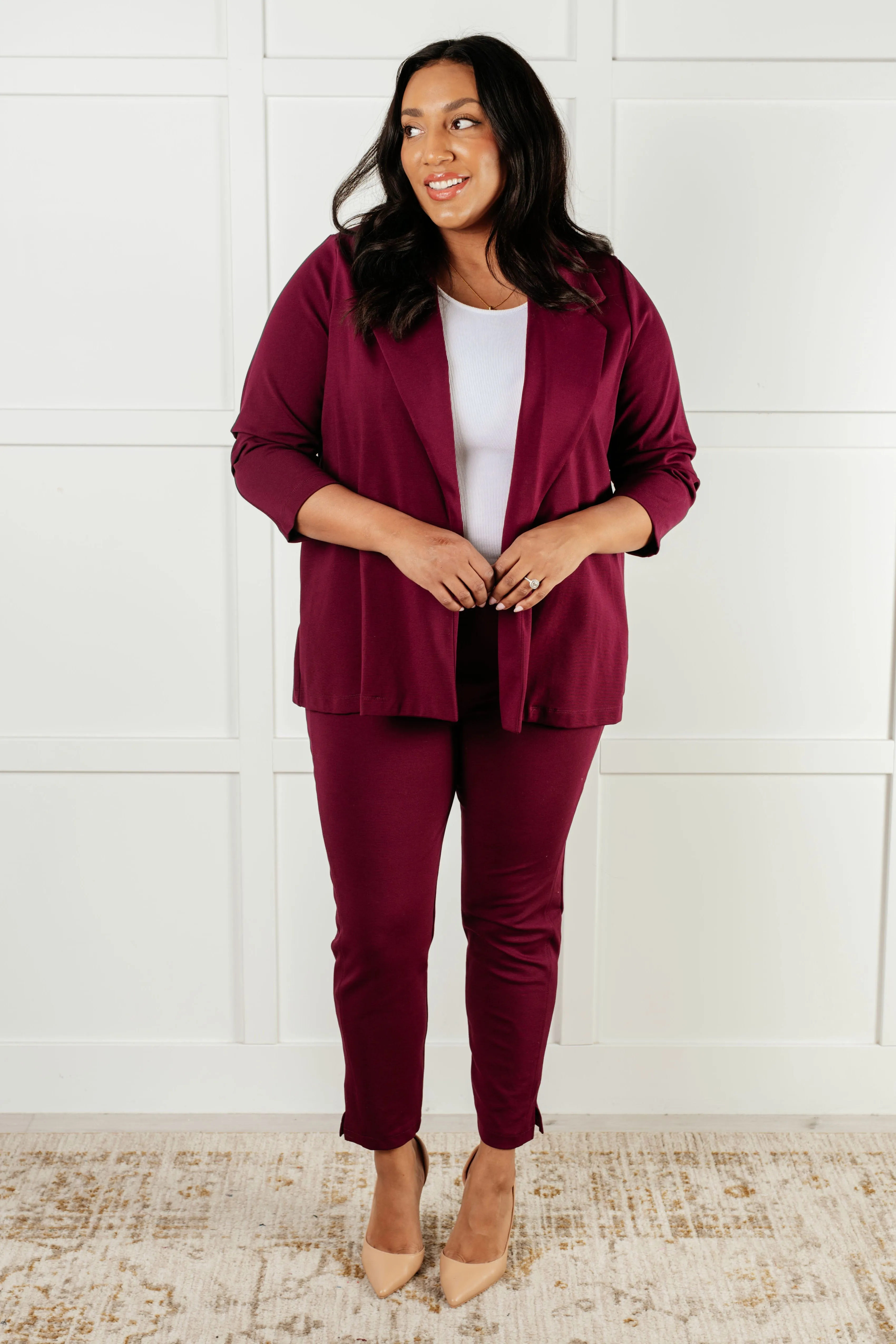 Devi Magic Blazer in Wine- Ruched Sleeves, Slim Fit, Ponte Knit, Side Pockets