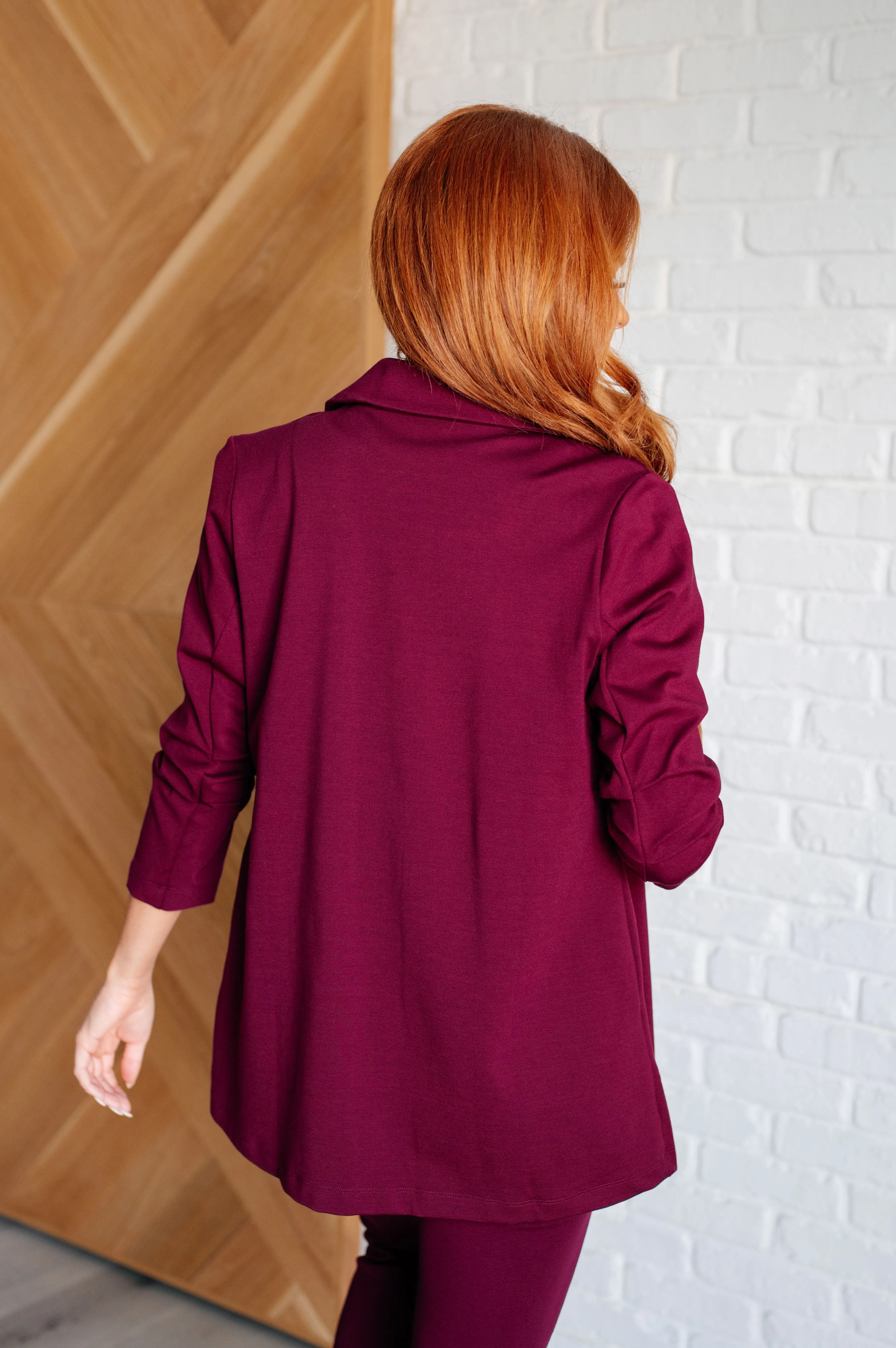 Devi Magic Blazer in Wine- Ruched Sleeves, Slim Fit, Ponte Knit, Side Pockets
