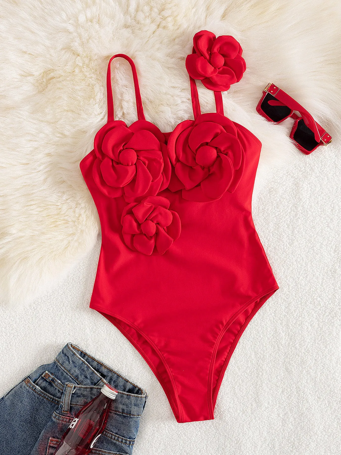 Elegant 3D Floral Embellished One-Piece Swimsuit with Statement Roses