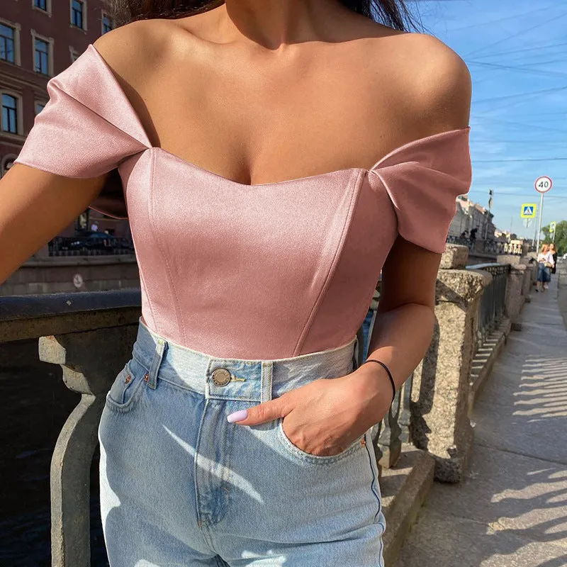 Elegant Satin Off-Shoulder Top with Structured Fishbone Waist