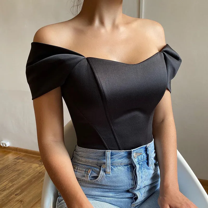 Elegant Satin Off-Shoulder Top with Structured Fishbone Waist