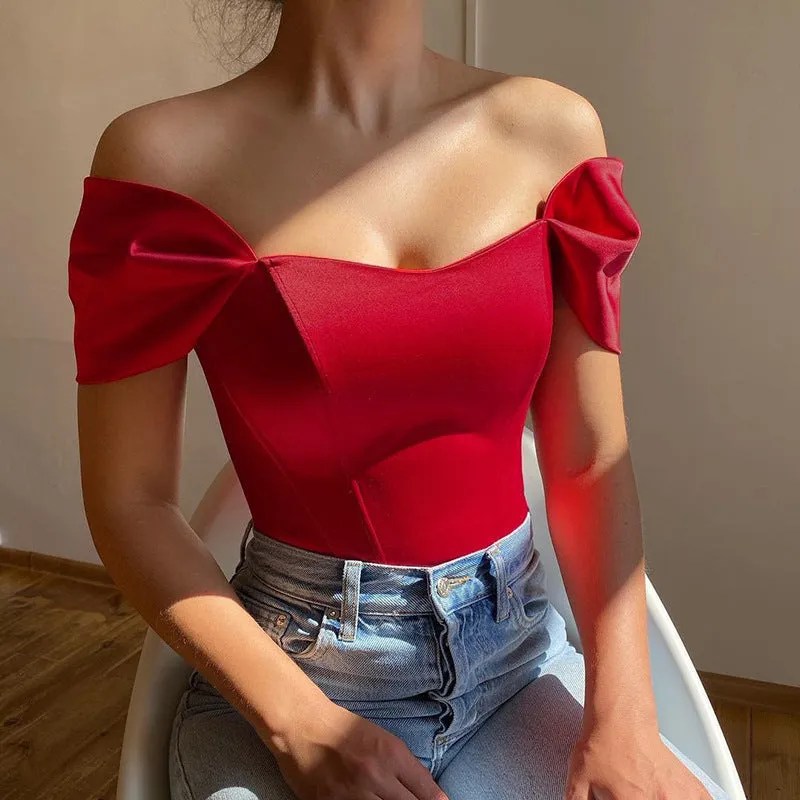 Elegant Satin Off-Shoulder Top with Structured Fishbone Waist