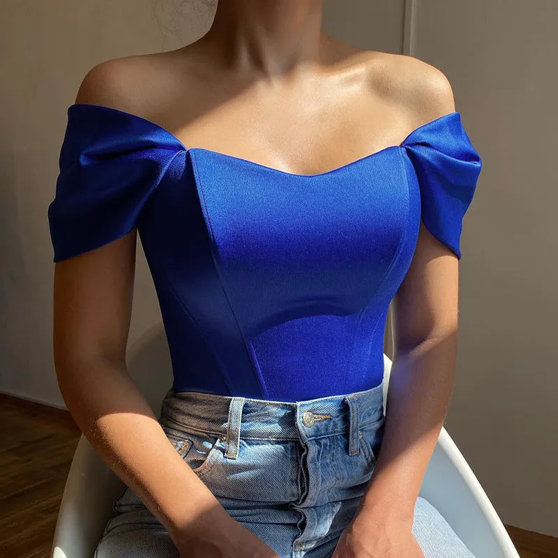 Elegant Satin Off-Shoulder Top with Structured Fishbone Waist