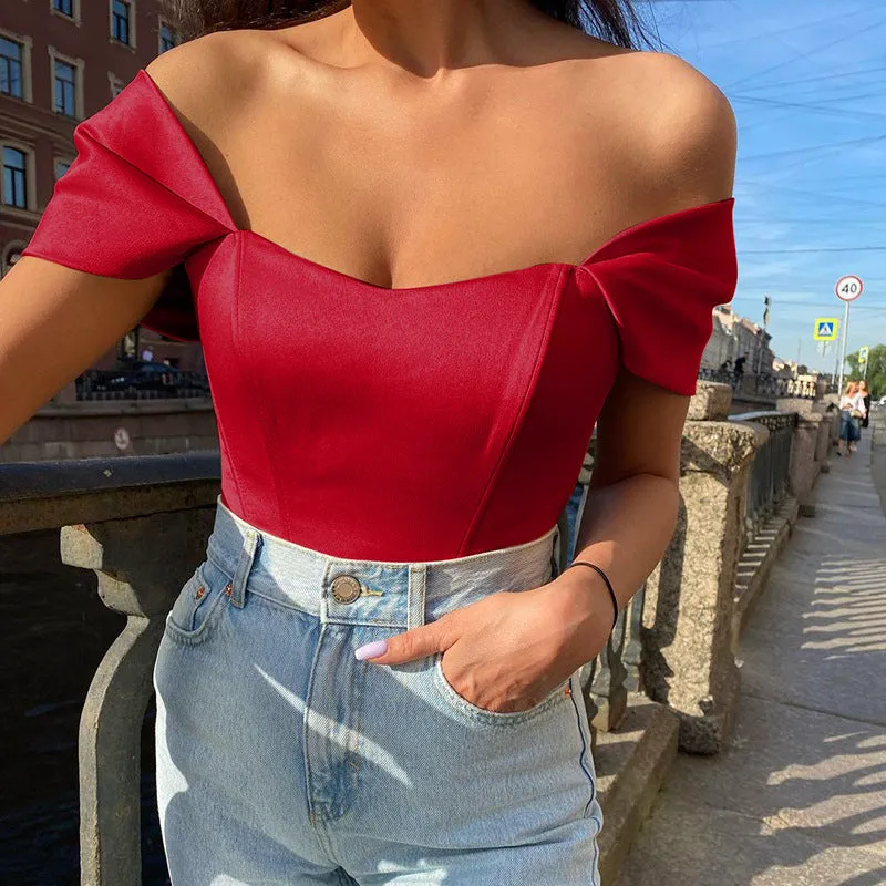 Elegant Satin Off-Shoulder Top with Structured Fishbone Waist