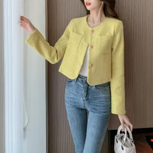 Elegant Solid Blazer featuring a Button-up Design and Cropped Fit