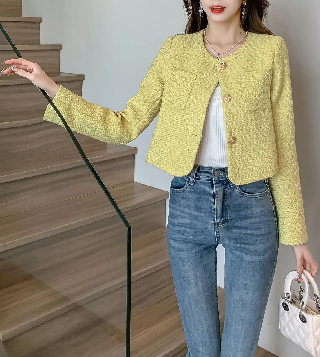 Elegant Solid Blazer featuring a Button-up Design and Cropped Fit
