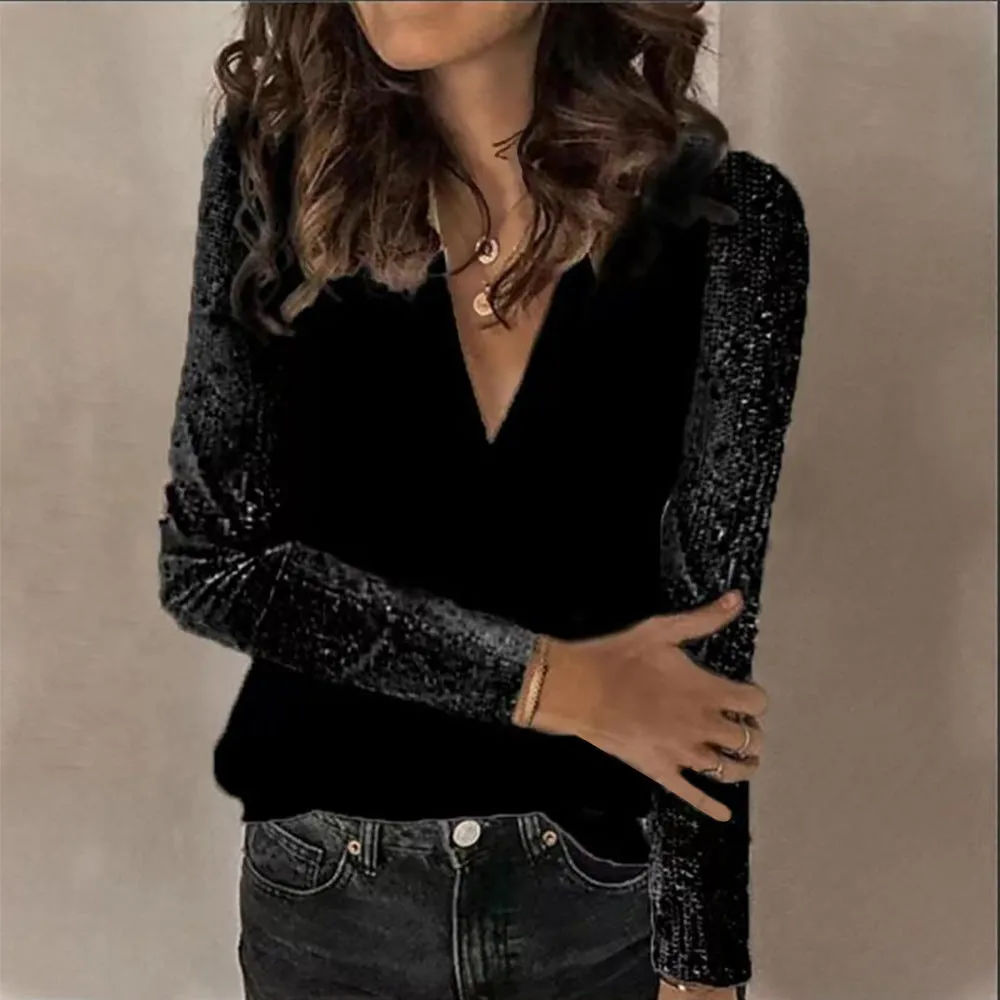 Elegant V-Neck Sequined Long-Sleeve Top for Effortless Glamour