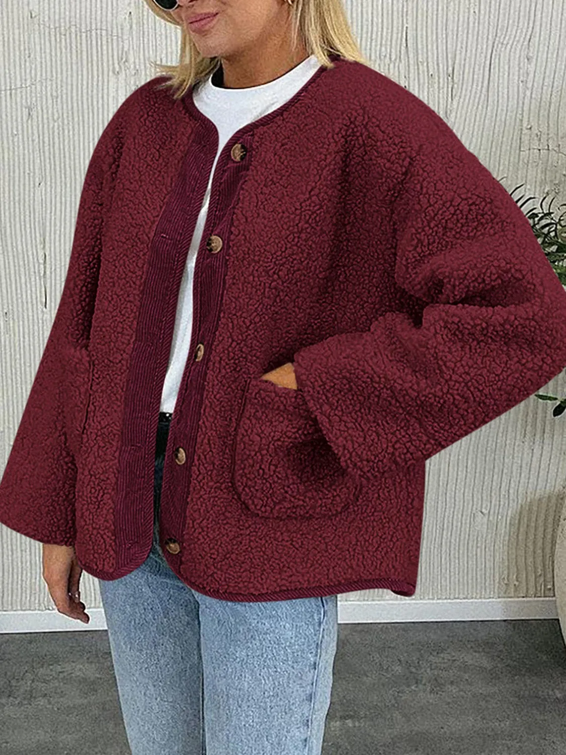 Emily Button Up Sherpa Jacket with Pockets