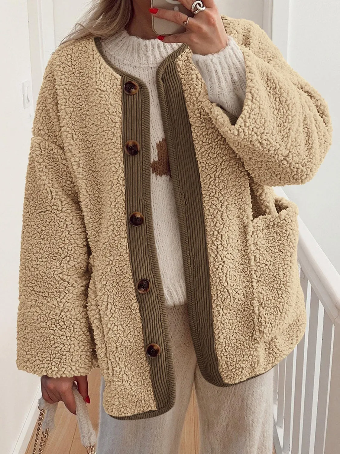 Emily Button Up Sherpa Jacket with Pockets