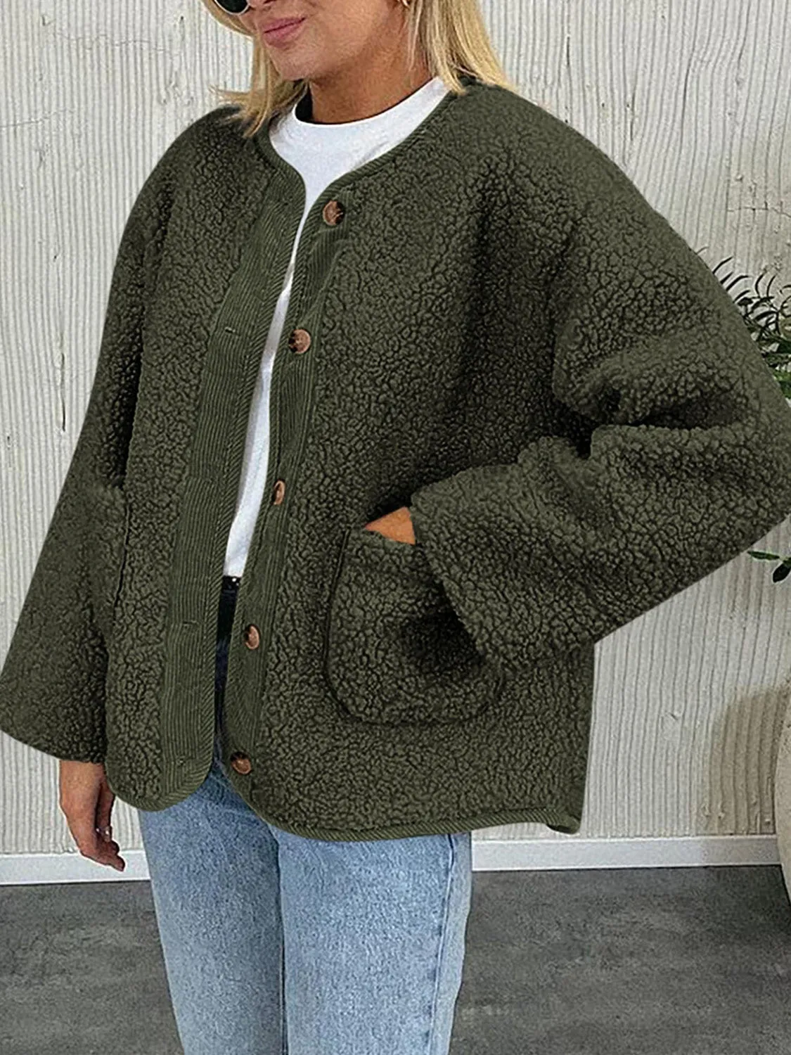 Emily Button Up Sherpa Jacket with Pockets