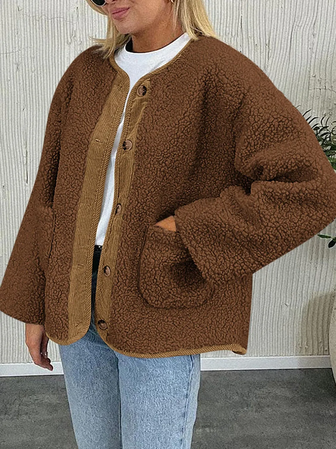 Emily Button Up Sherpa Jacket with Pockets