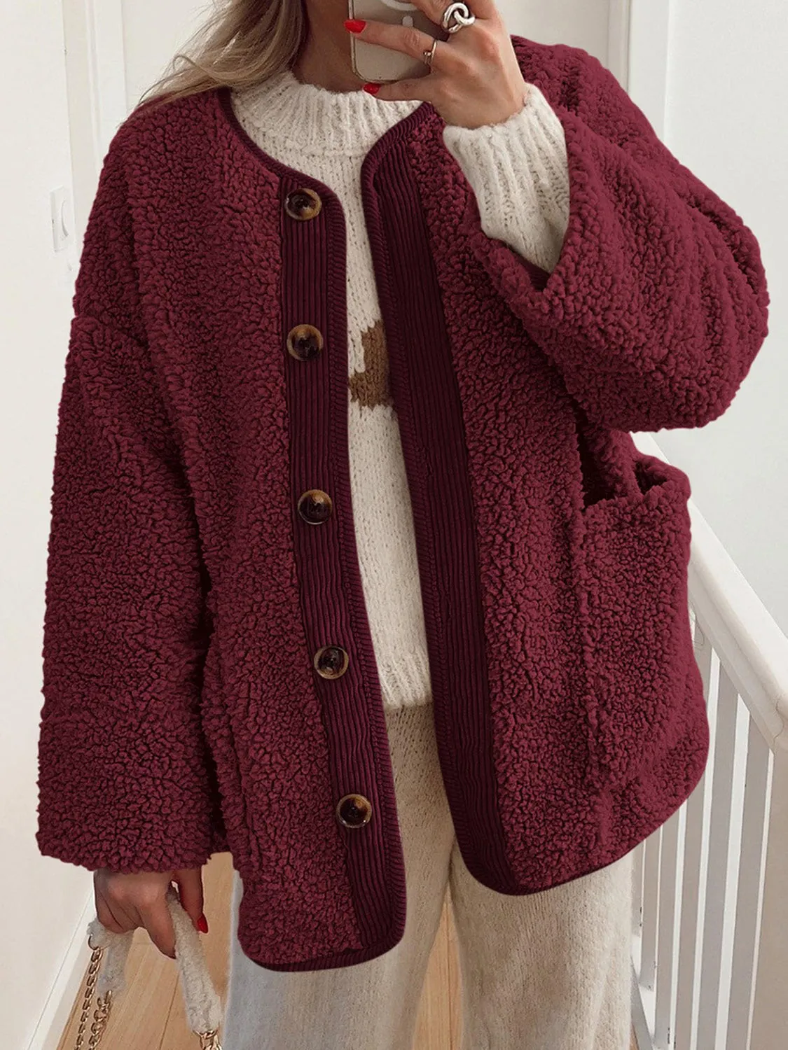 Emily Button Up Sherpa Jacket with Pockets