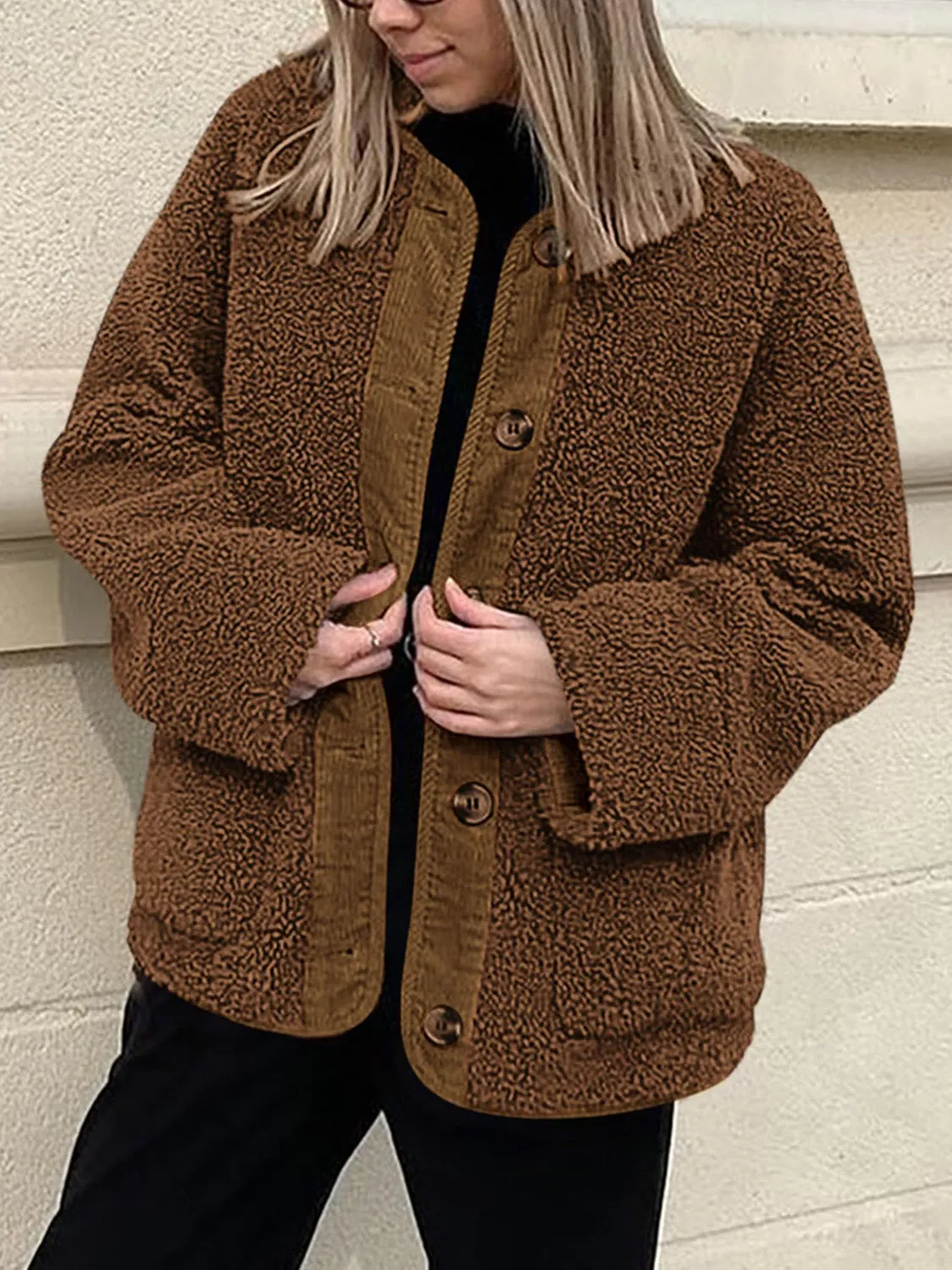 Emily Button Up Sherpa Jacket with Pockets